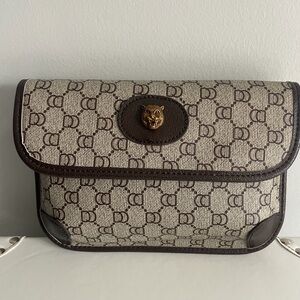 NWOT. Designer Inspired Beige and Brown Monogram Clutch